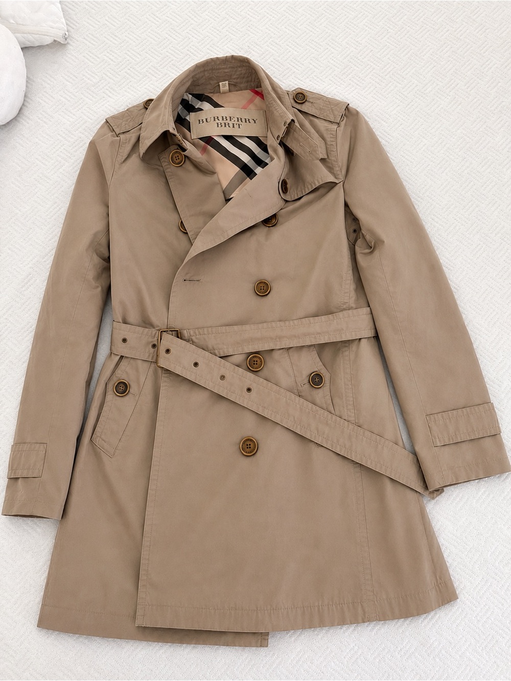 Burberry Brit Khaki Double-Breasted Coat | Size 12